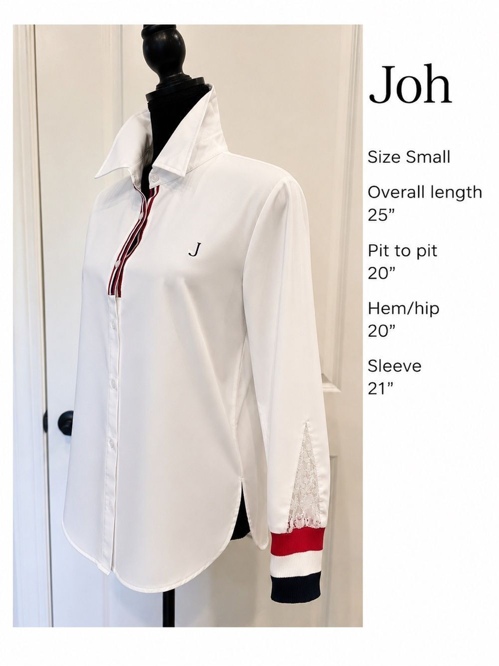 Joh White Button-Up Shirt with Lace & Striped Cuffs | Size Small
